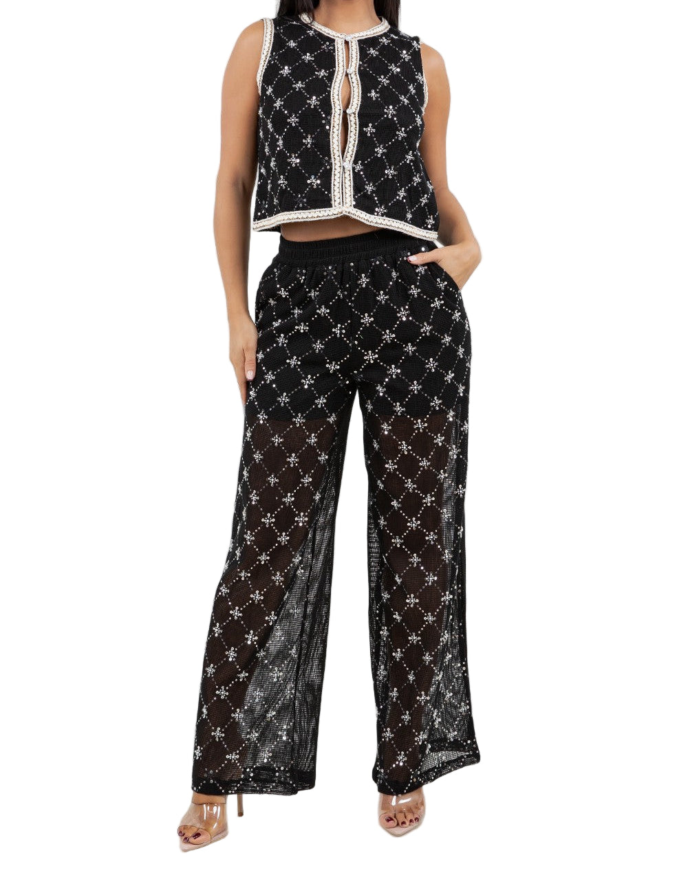 Embroidery Sequin Pant Set