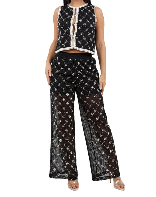 Embroidery Sequin Pant Set